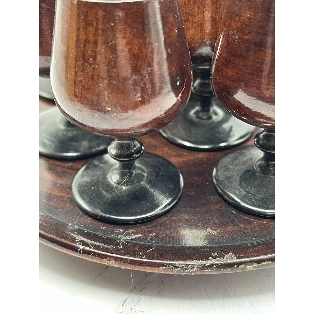 Vtg Wood Turned Saki Decanter‎ Set With 6 Goblet Shot Cups Tray Home Decor MCM